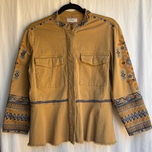 Johnny Was Workshop Golden Khaki Embroidered Peplum Jacket Mandarin Collar XS